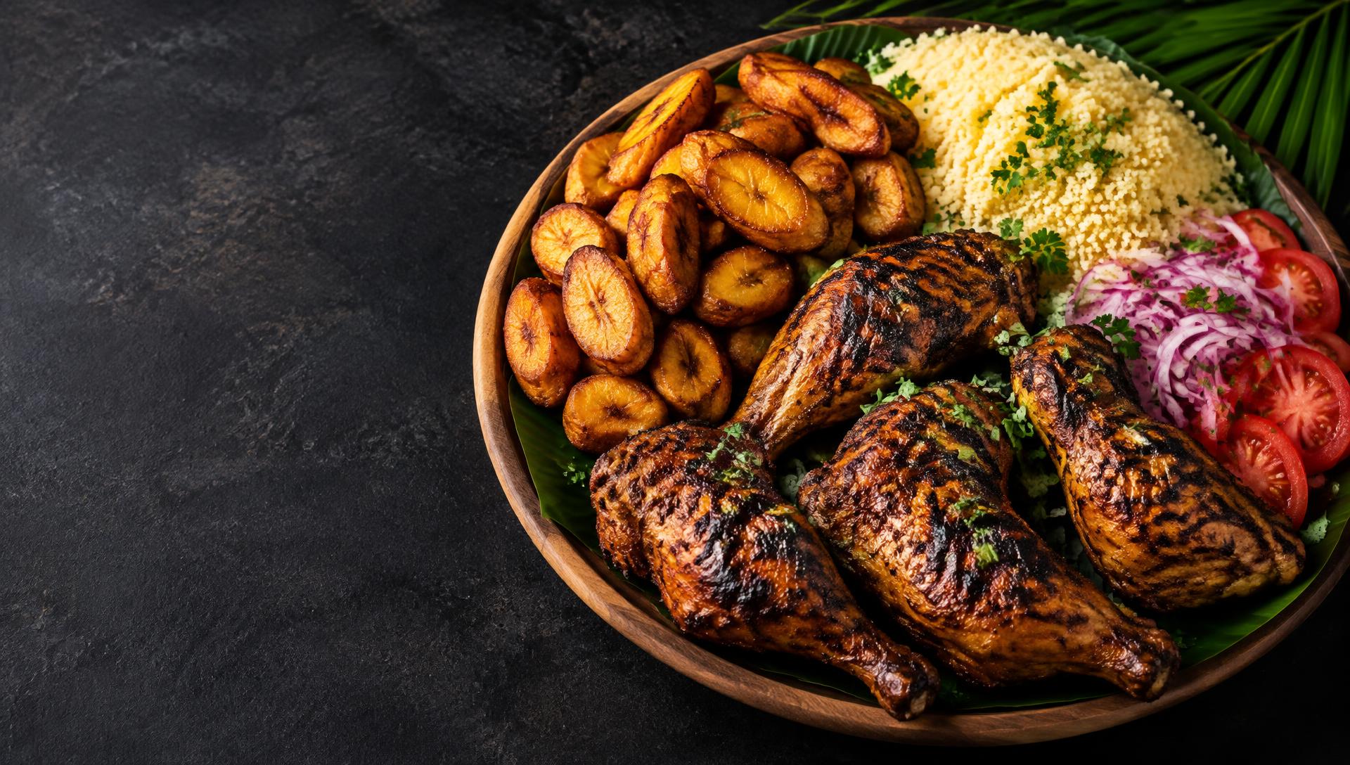 Illustration culinaire : poulet braisé, alloco et attiéké dans un grand plat à partager